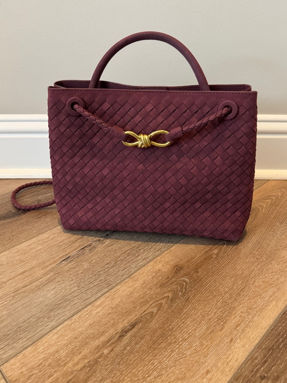 Woven Top-Handle Tote in Burgundy with Gold Knot Accent